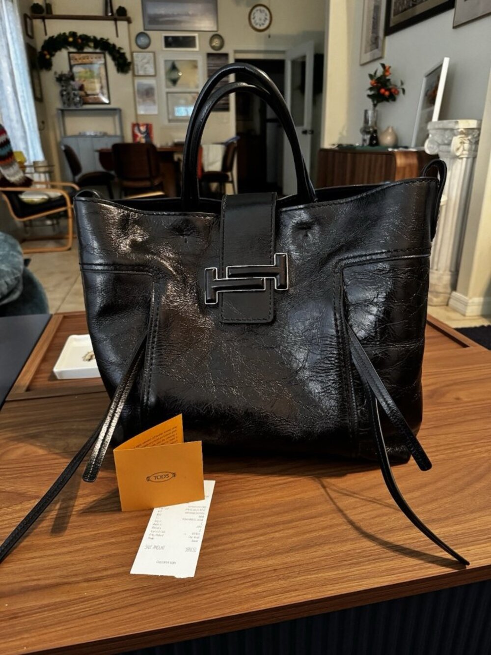 Tod's Double T Tote Black Metallic Leather Shoulder Bag Purse Large 2 Handle